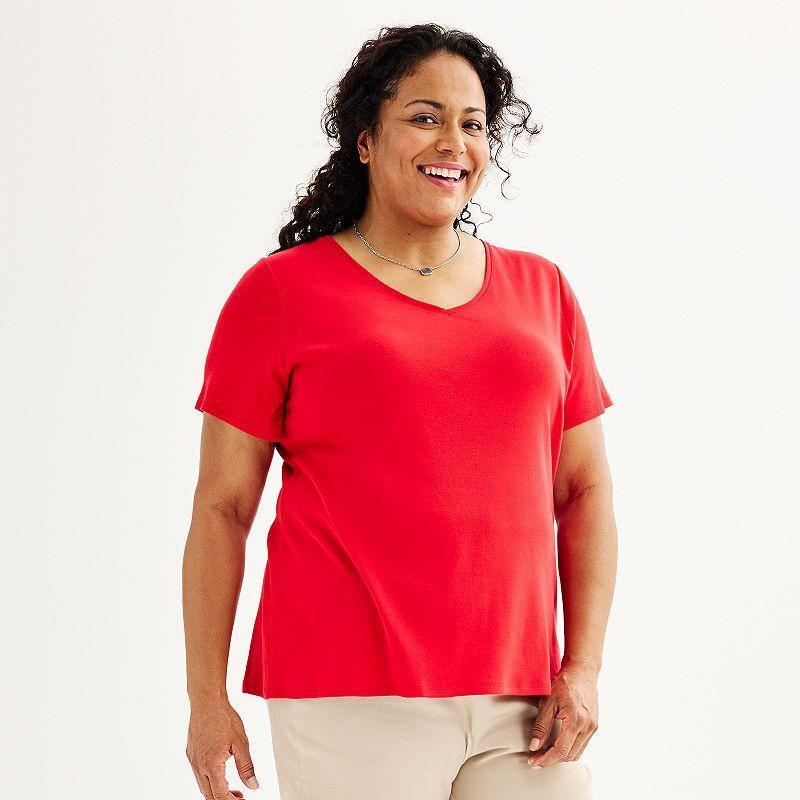 Plus Size Croft & Barrow Essential Print V-Neck Tee, Womens Med Red Product Image