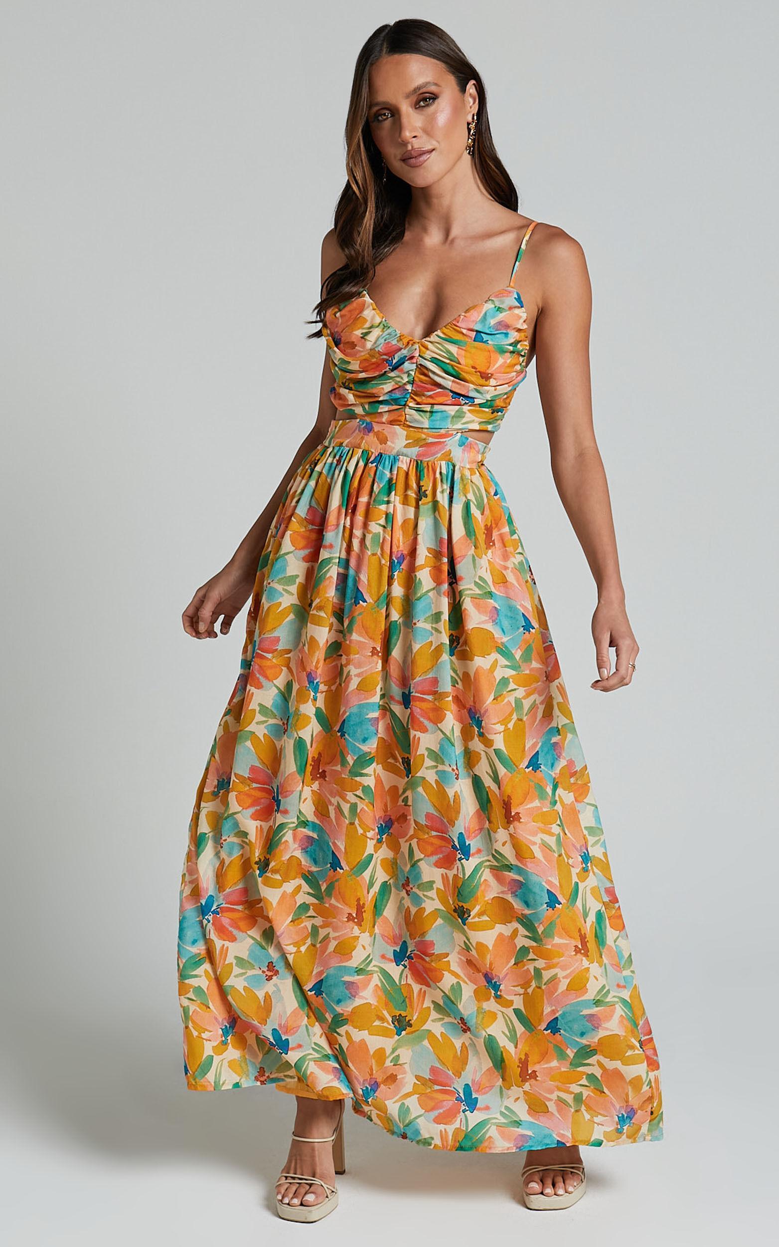 Amalie The Label - Jaida Linen Blend Ruched Cut Out Maxi Dress in Manhattan Print Product Image