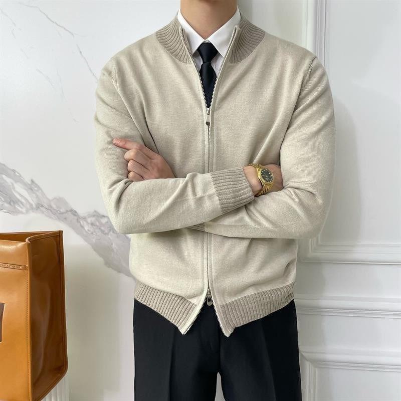 Stand Collar Contrast Trim Zip-Up Cardigan Product Image