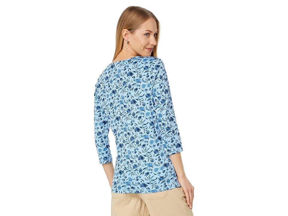 L.L.Bean Pima Cotton Shaped Jewelneck 3/4 Sleeve Print (Lake Watercolor Floral) Women's Clothing Product Image