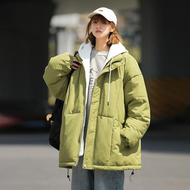 Mock Two-Piece Two-Tone Hooded Padded Zip Jacket Product Image