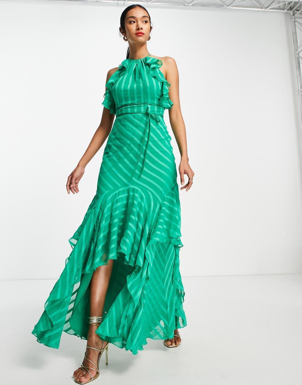 ASOS DESIGN satin stripe halter maxi dress with drape ruffle and tie detail in green Product Image