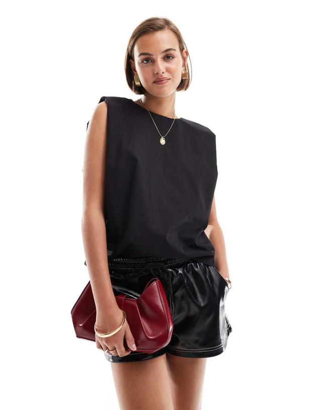 ASOS DESIGN sleeveless shoulder pad woven T-shirt in black Product Image