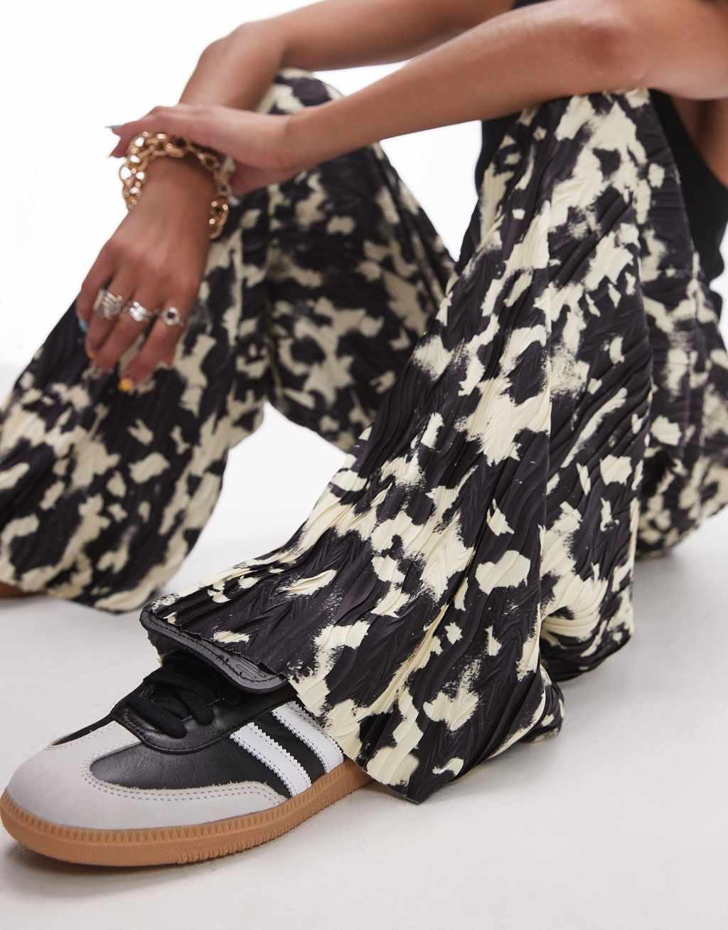 Topshop plisse wide leg pants in blurred animal print Product Image