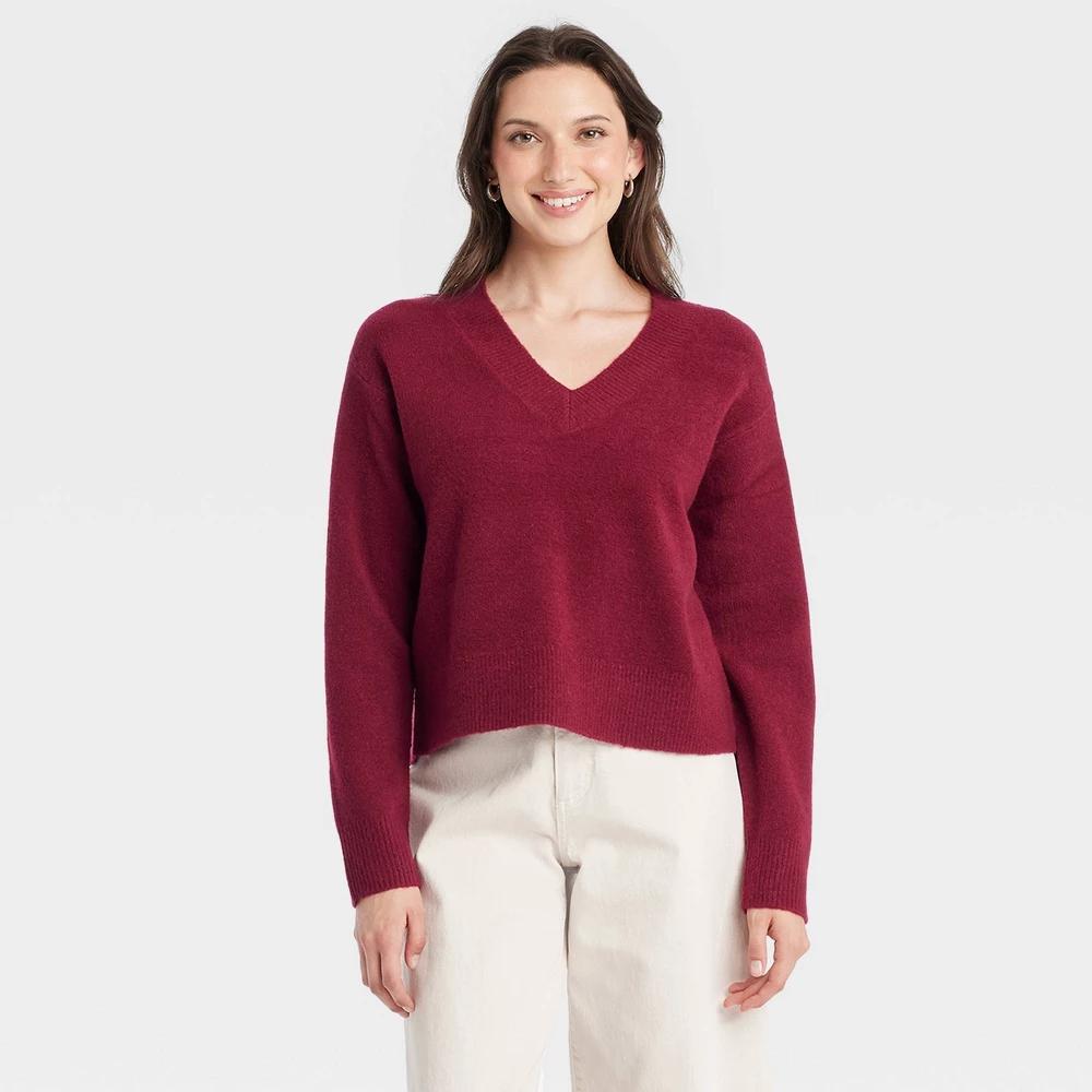 Womens Cozy Knit V-Neck Pullover Sweater - Universal Thread Maroon M product image