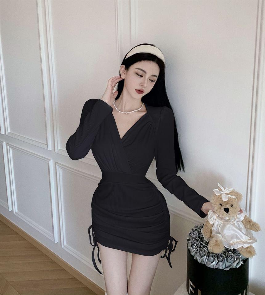 Long-Sleeve V-Neck Plain Drawstring Mini Sheath Dress Product Image