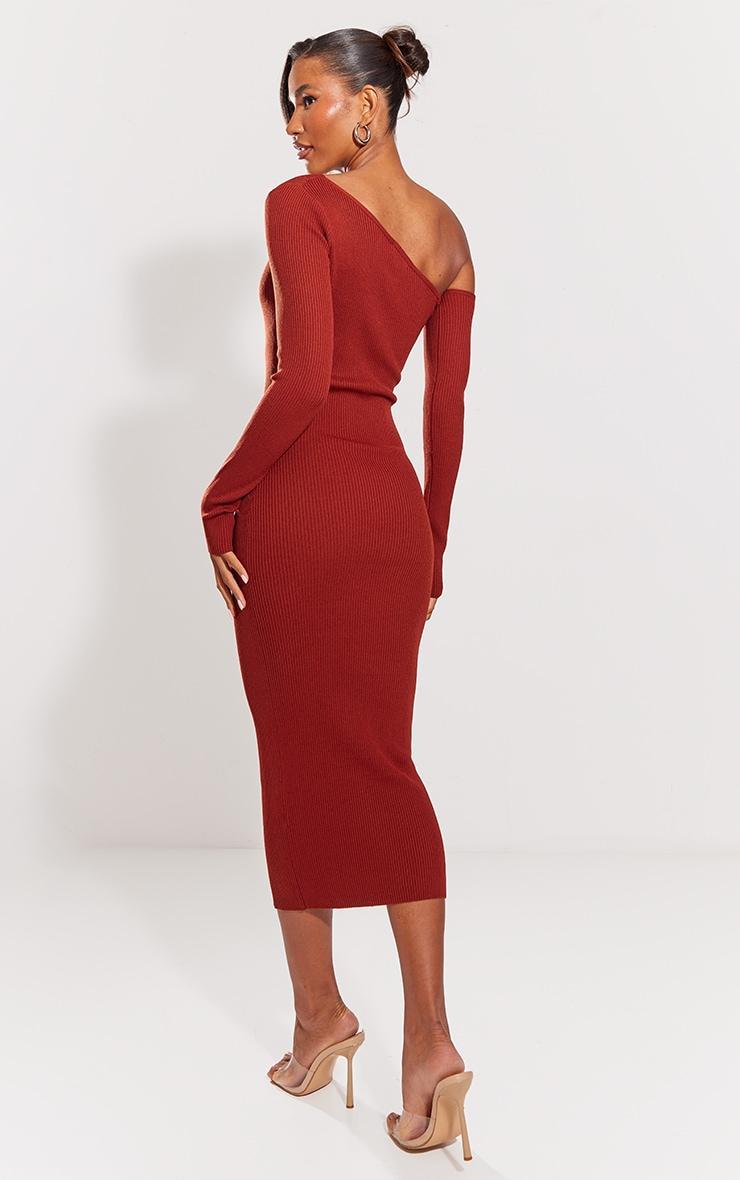 Rust Ruched Front Long Sleeve Rib Knit Maxi Dress Product Image