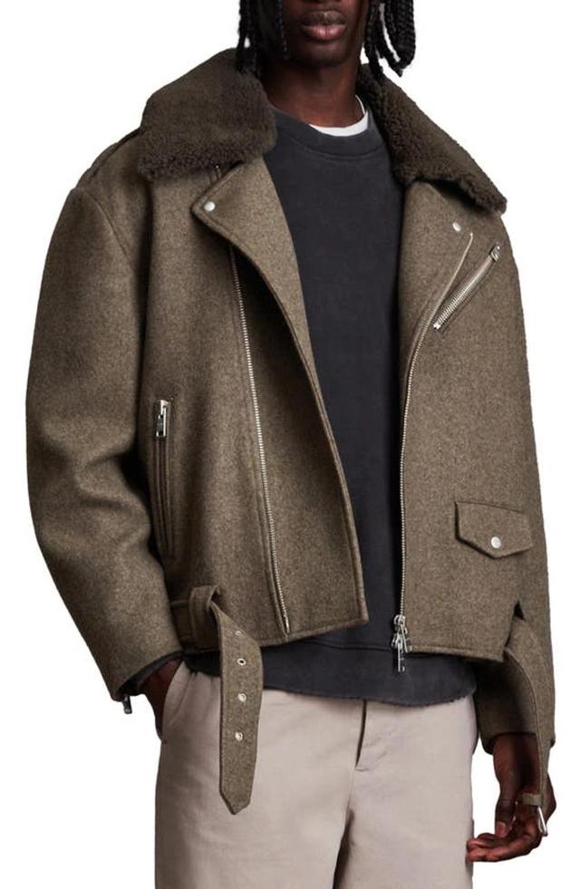 Mard Biker Jacket With Genuine Shearling Collar In Light Khaki Marl Product Image