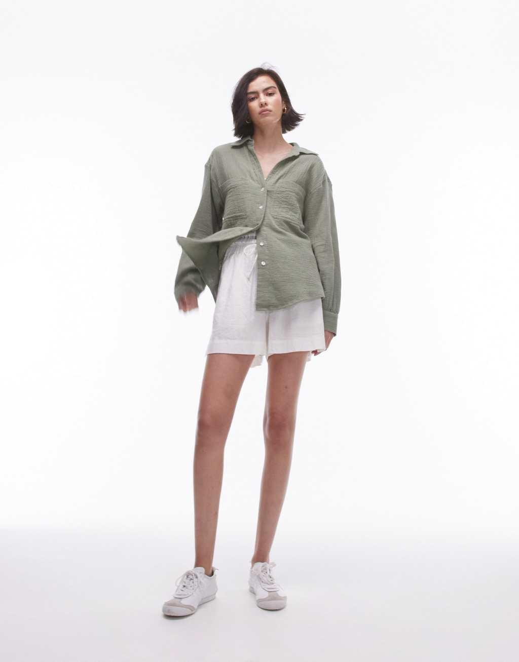 Topshop cotton casual shirt in khaki  Product Image