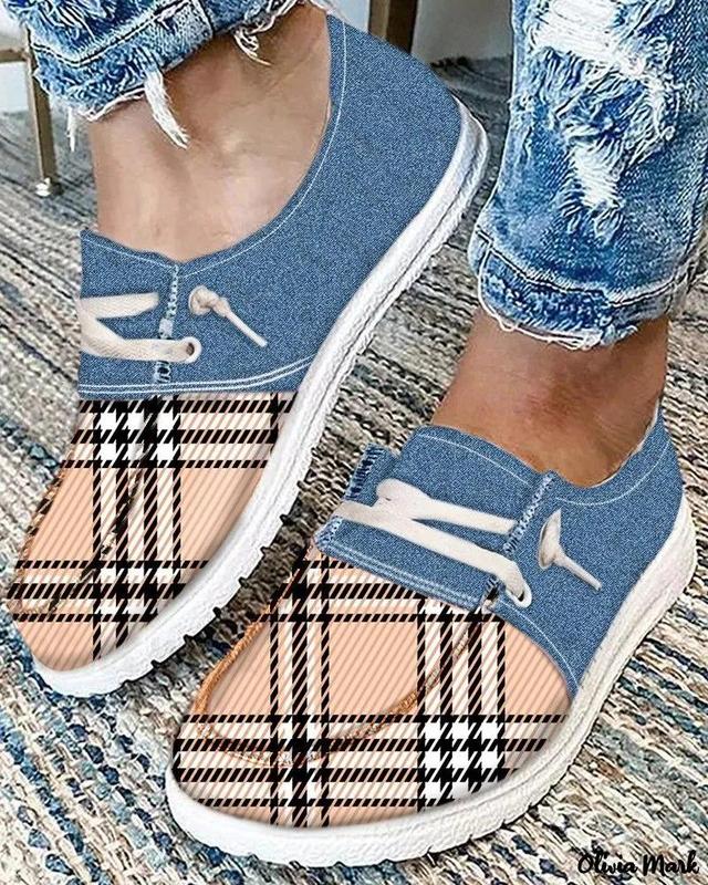 Olivia Mark – Plaid Color-Block Lace-Up Slip-On Sneakers Product Image