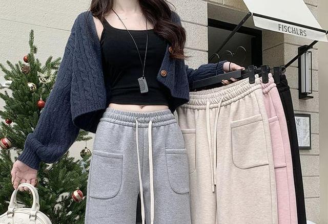 Drawstring Waist Plain Wide Leg Sweatpants Product Image