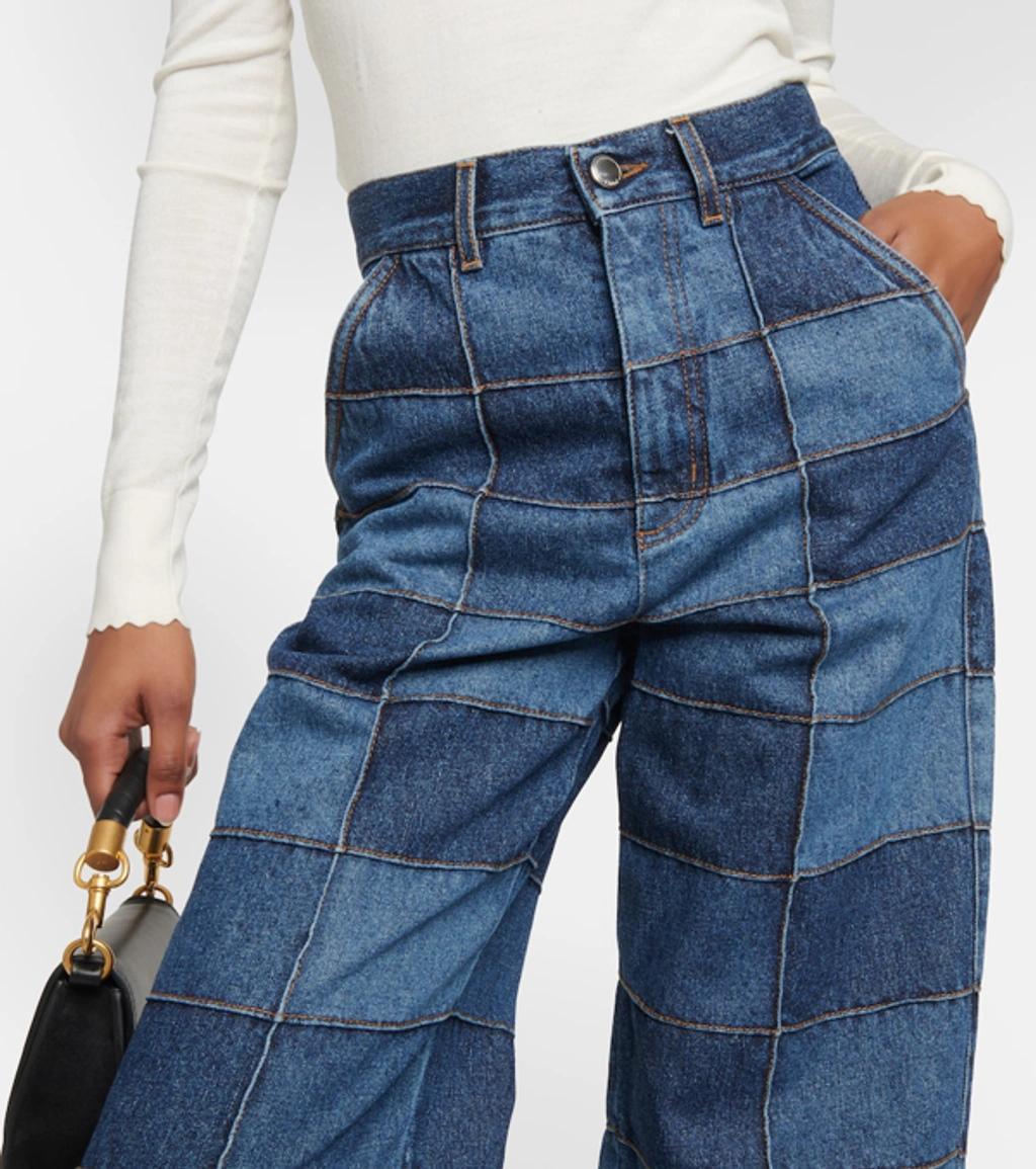 Patchwork Recycled Cotton-hemp Wide-leg Jeans In Blue Product Image