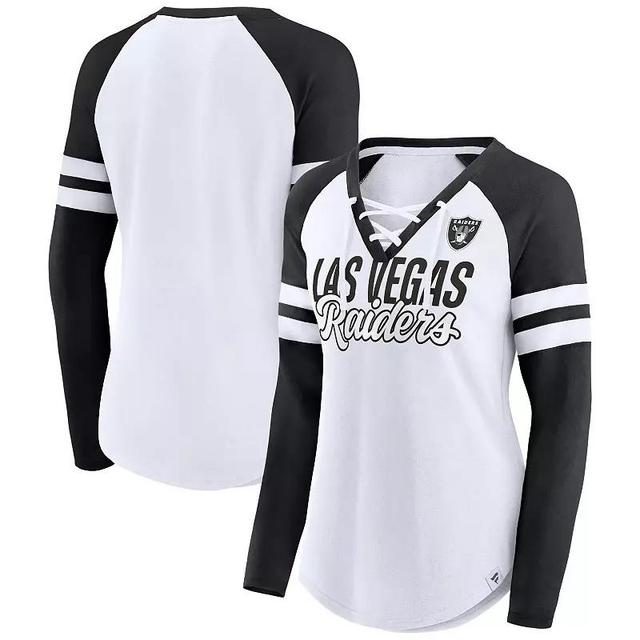 Womens Fanatics White Las Vegas Raiders Plus Size True to Form Lace-Up V-Neck Raglan Long Sleeve T-shirt Product Image