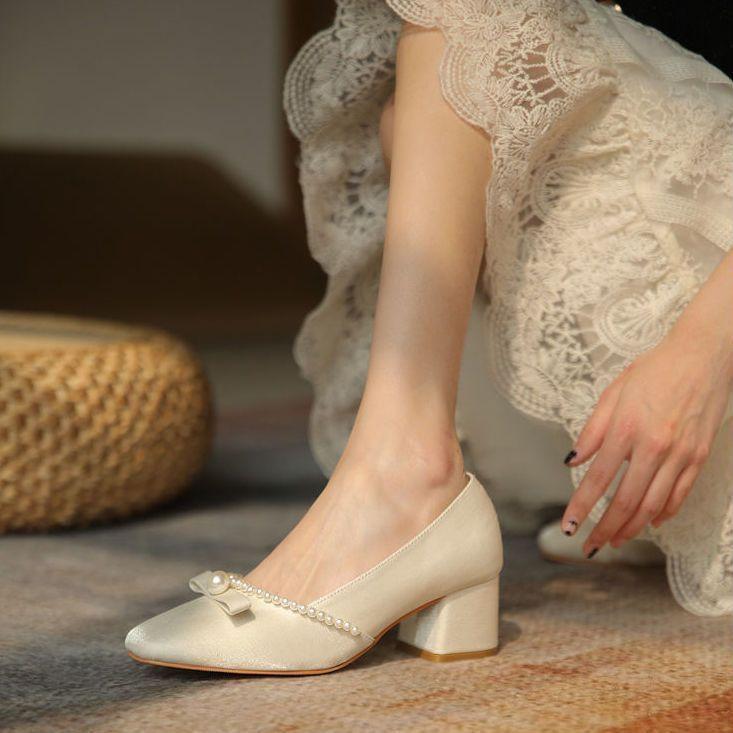 Bow Faux Pearl Block Heel Pumps Product Image