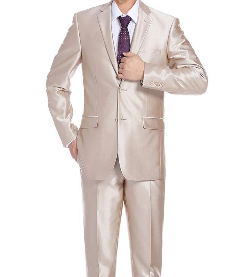 Beige Slim Fit Sharkskin Italian Styled 2 Piece Suit Product Image