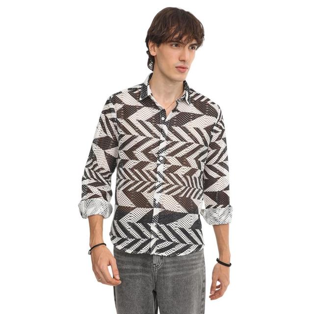 Campus Sutra Mens Taupe Brown & Cream White Chevron-Knit Shirt Product Image