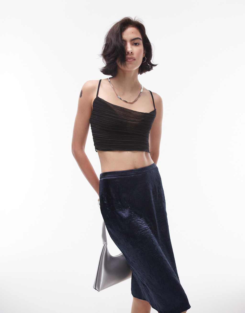 Topshop plisse cowl cropped cami in black Product Image