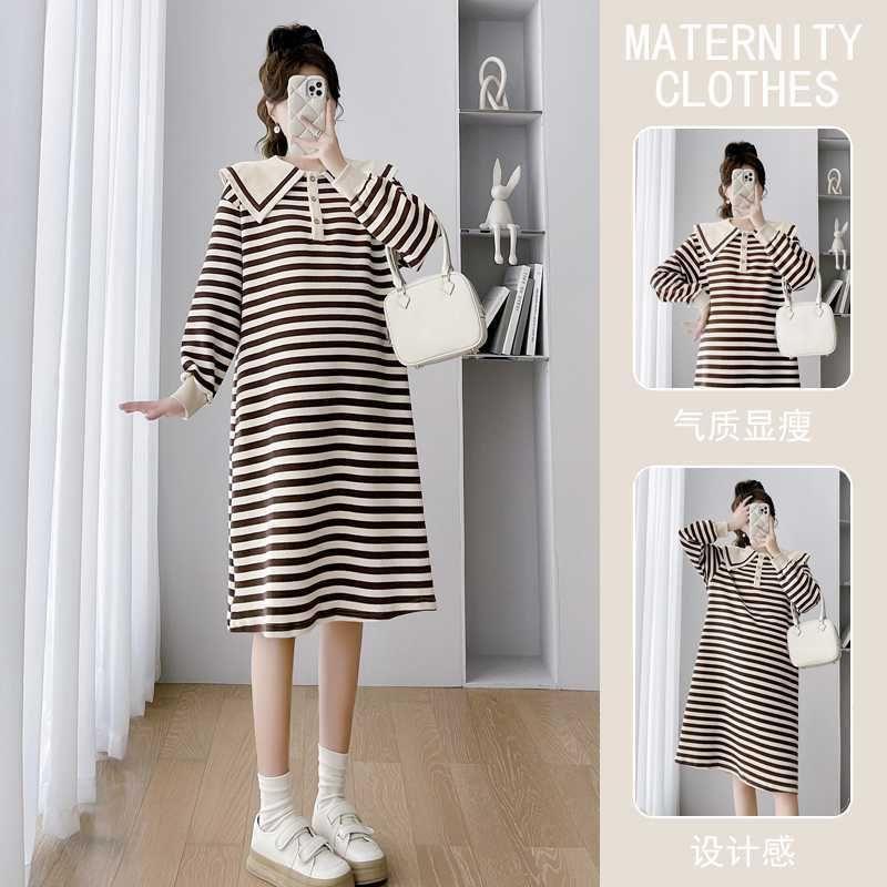 Maternity Long-Sleeve Collar Striped Midi Sweatshirt Dress Product Image