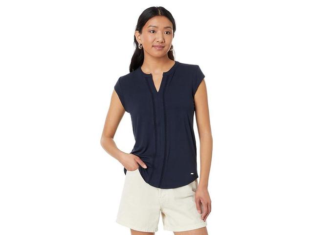 Tommy Hilfiger Split Neck Blouse (Sky Captain) Women's Clothing Product Image