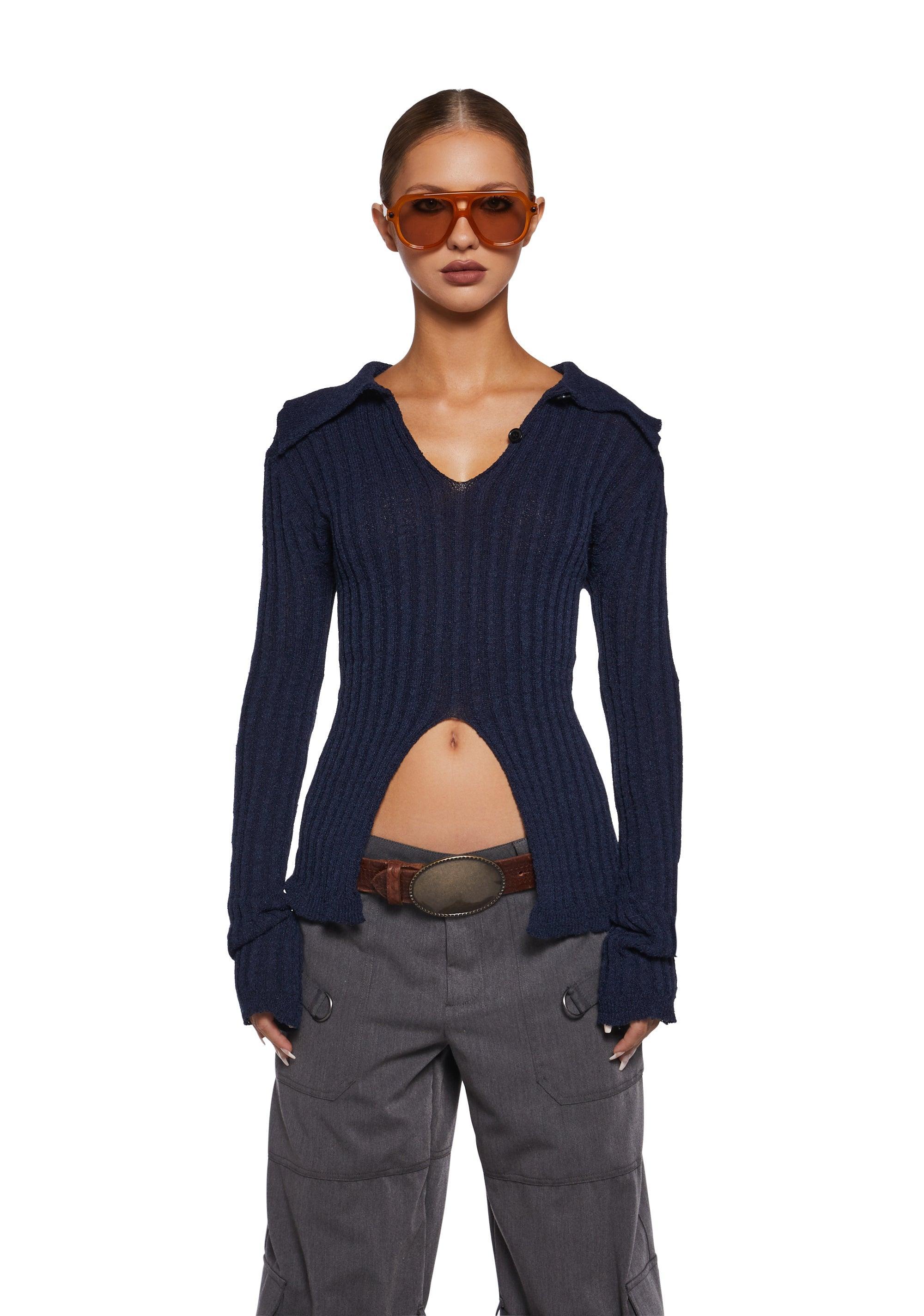 Stretchy Ribbed Knit Collared Crop Front Long Sleeve Top - Navy Product Image