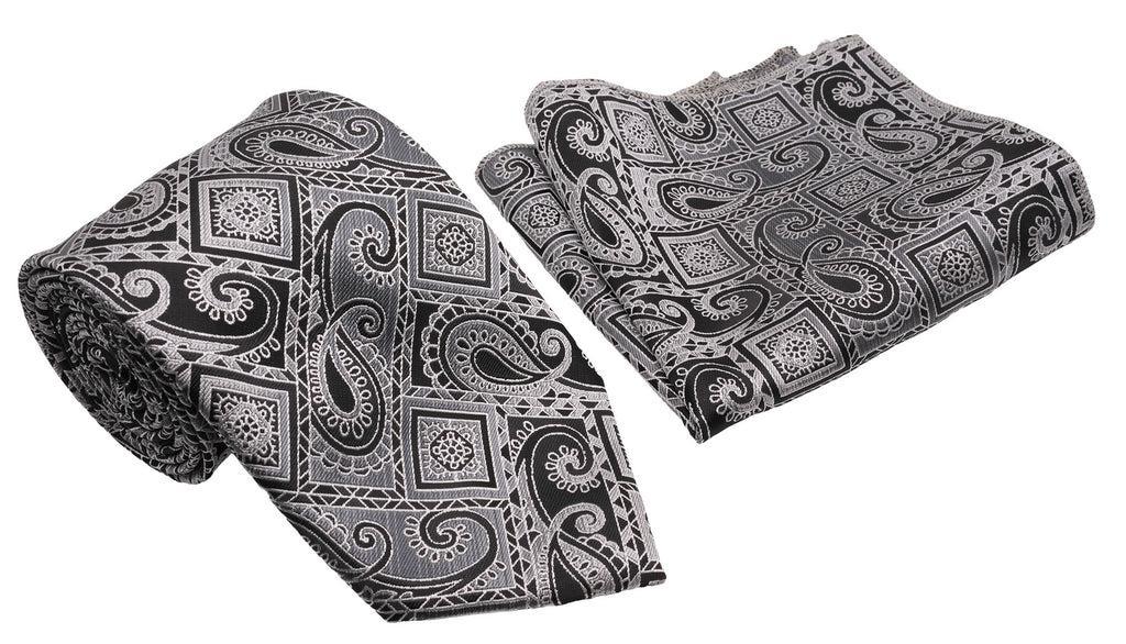 Black Silver Paisley Square Pattern Men's Classic Tie and Pocket Square Set Product Image