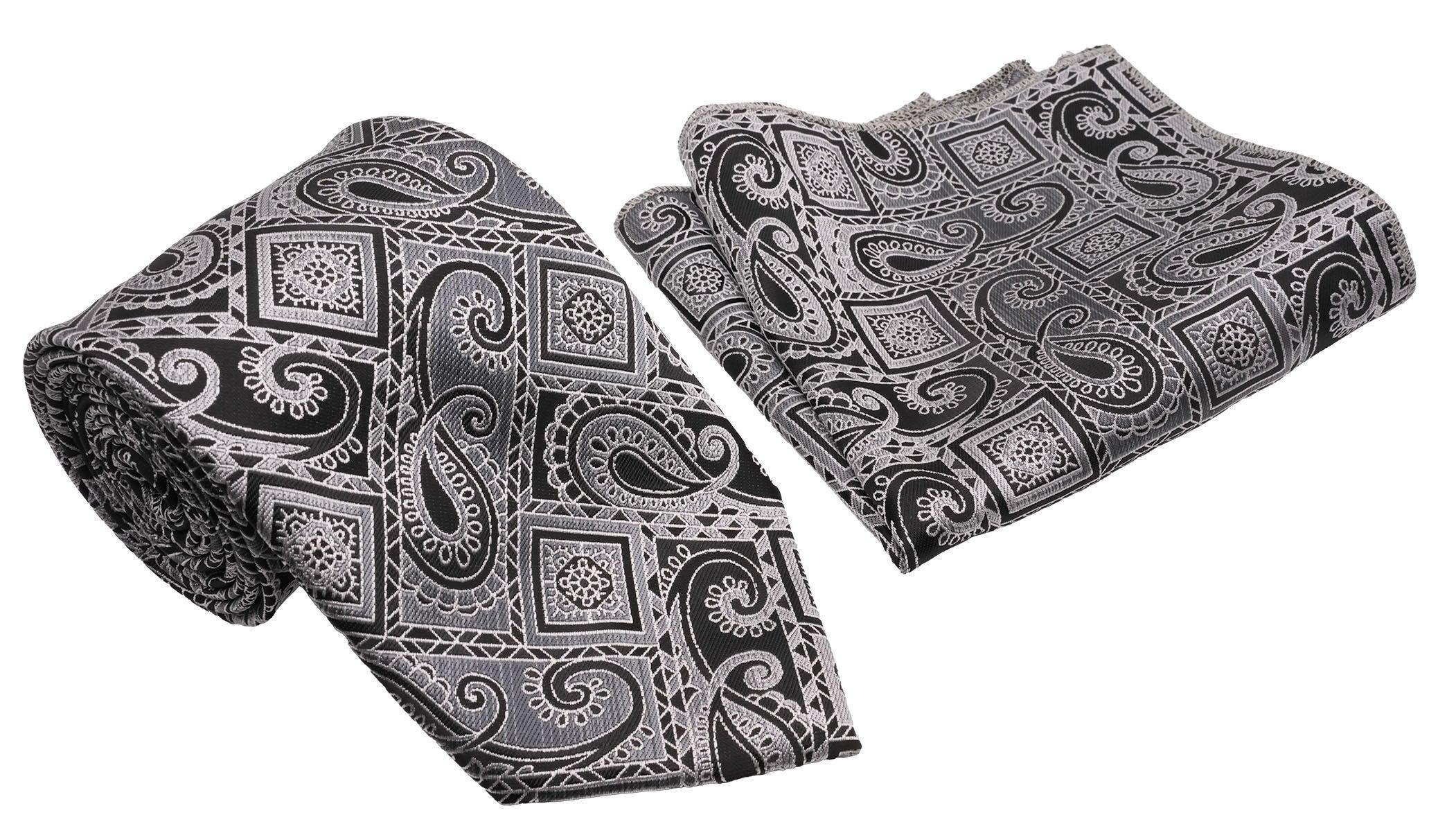 Black Silver Paisley Square Pattern Men's Classic Tie and Pocket Square Set Male Product Image