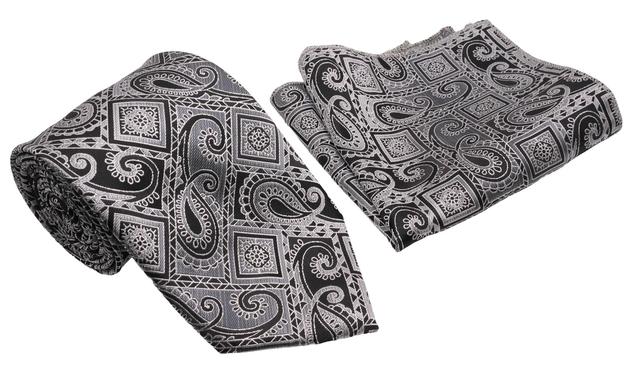 Black Silver Paisley Square Pattern Men's Classic Tie and Pocket Square Set Male Product Image