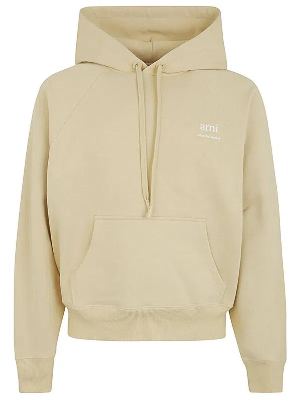 Ami Paris Logo Patch Drawstring Hoodie In White Product Image