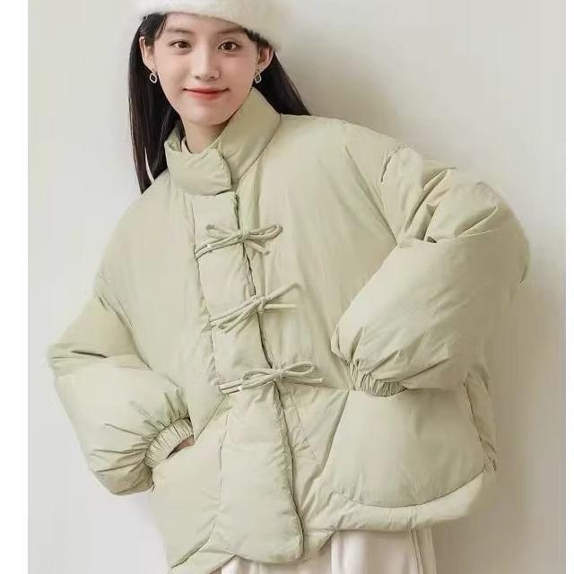 Stand Collar Plain Bow Padded Jacket Product Image