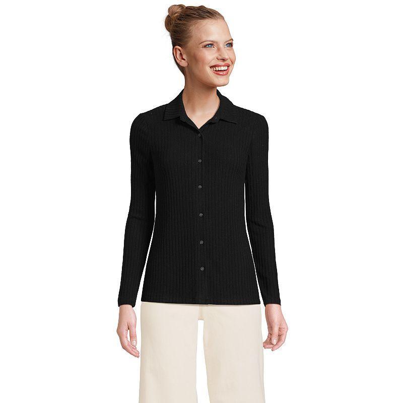 Lands End Womens Long Sleeve Wide Rib Button Front Polo Shirt Product Image