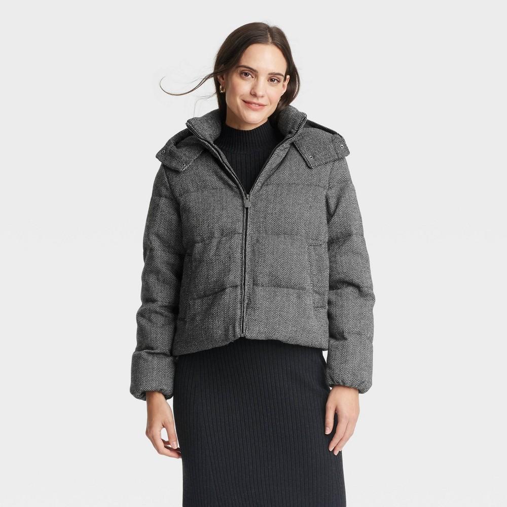 Womens Hooded Puffer Jacket - A New Day Herringbone L Product Image