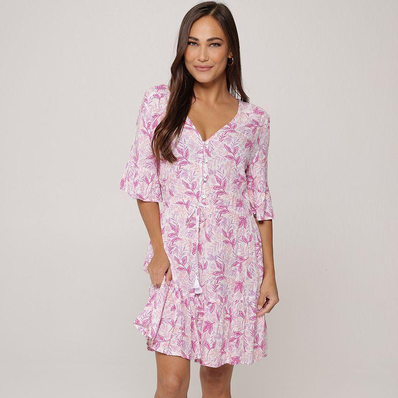 Womens J. Valdi Button Down V-Neck Swim Cover-Up Ruffle Dress Brt Pink Product Image