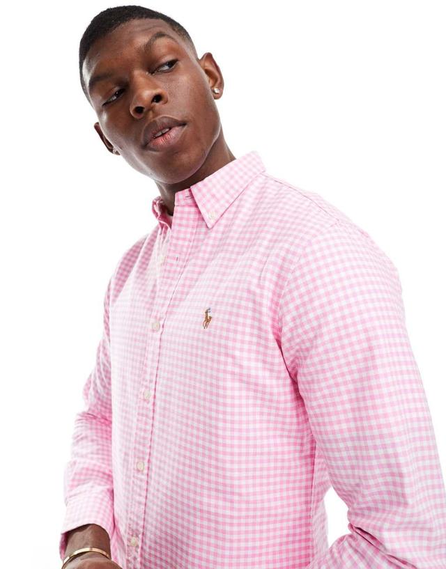 Polo Ralph Lauren icon logo slim fit stripe oxford shirt in pink/white Product Image