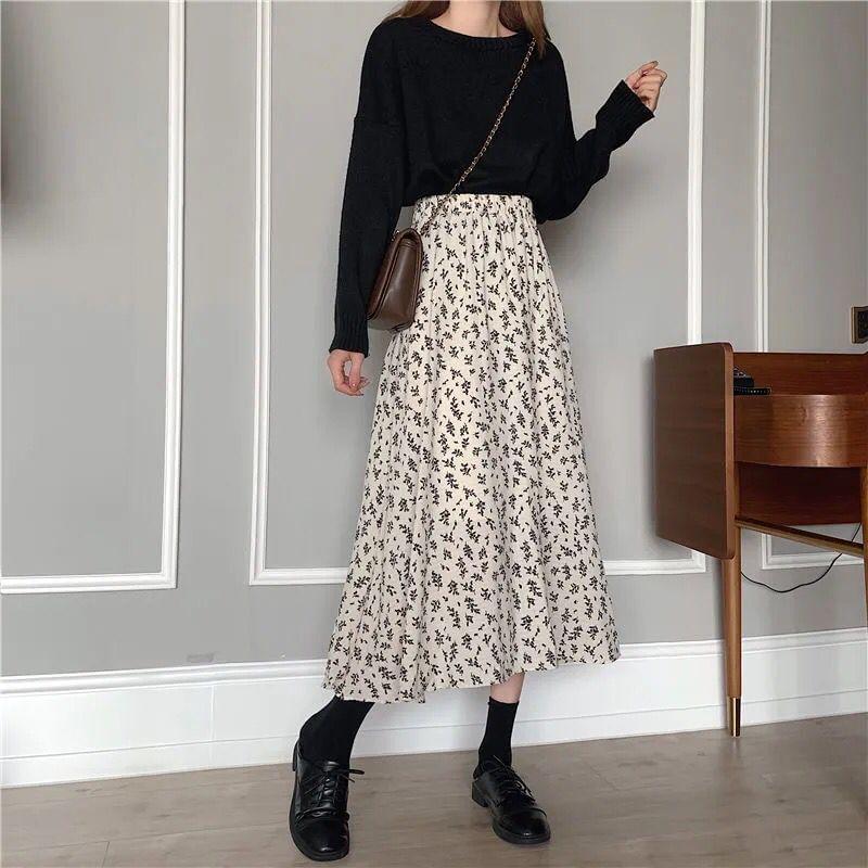 Elastic Waist Floral Print Midi A-Line Skirt Product Image