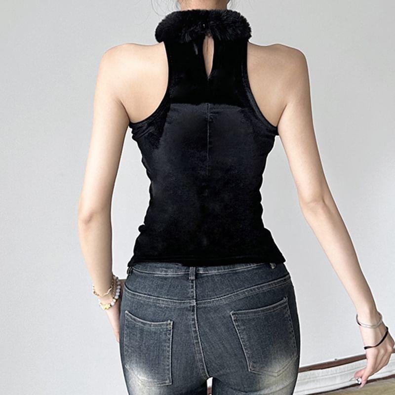 Sleeveless Velvet Plain Crop Top Product Image