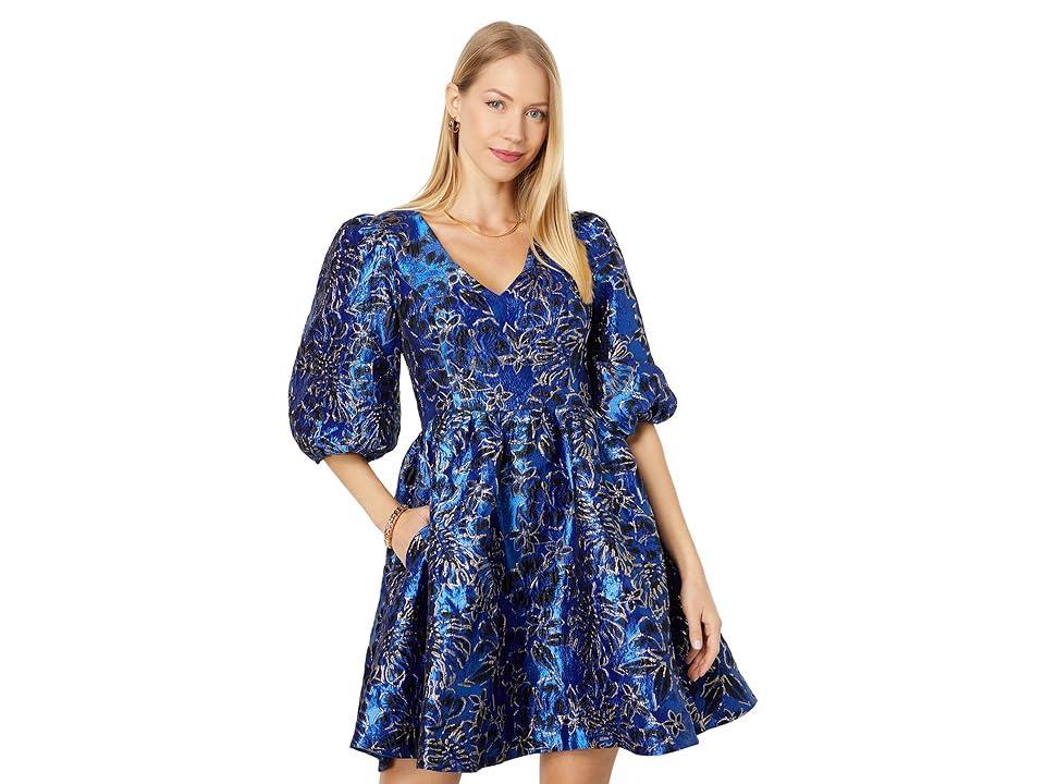 Lilly Pulitzer Calyssa 3/4 Sleeve Dress Grotto Twilight Floral Brocade) Women's Clothing Product Image