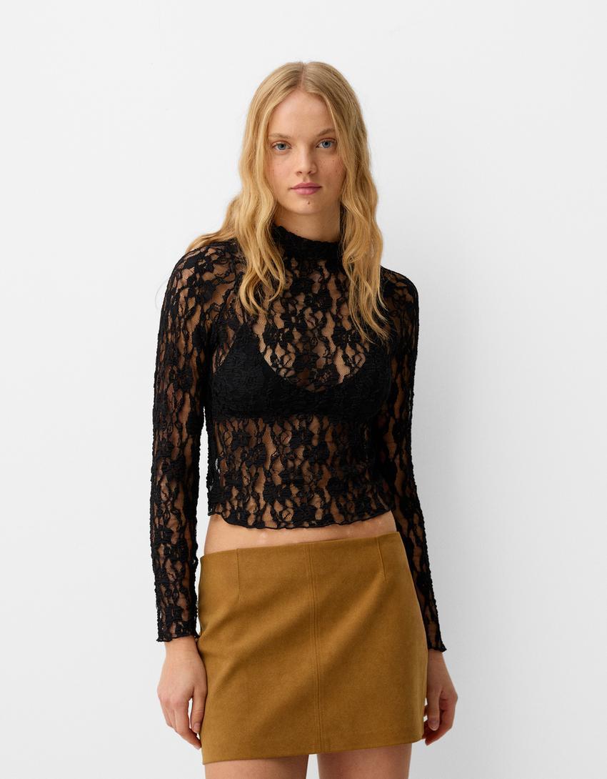 Blonde lace high neck long sleeve T-shirt Product Image