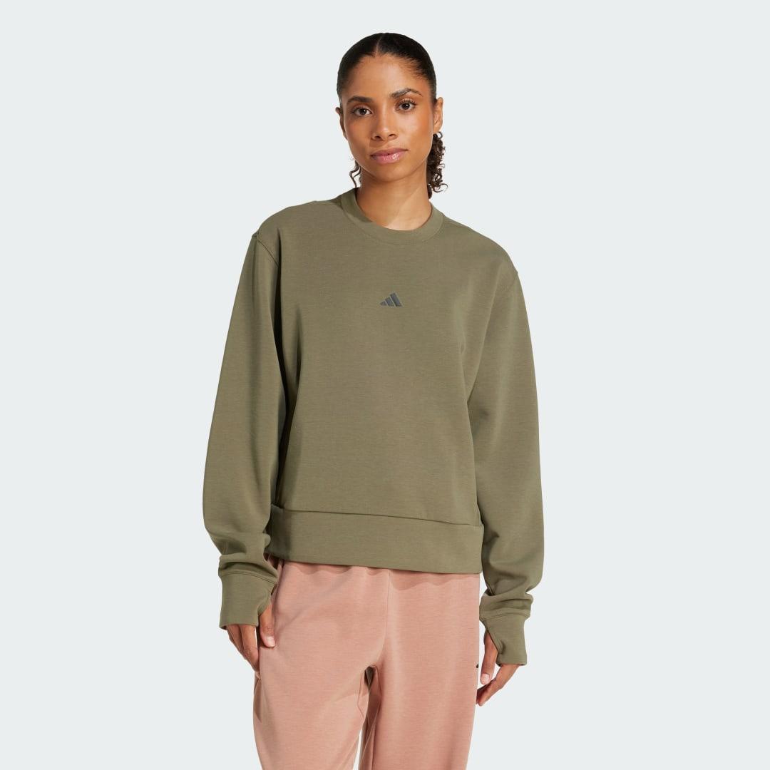 adidas Designed-for-Training Warm-Up Crewneck Sweatshirt Olive Strata L Womens Product Image