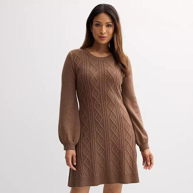 Womens Sandra Darren Cabled Puff Sleeve Sweater Dress Brown Grey Product Image