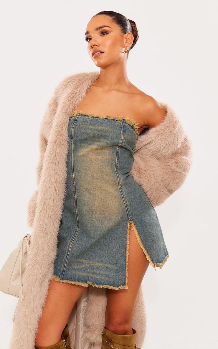 Vintage Wash Raw Edge Split Detail Denim Bandeau Mini Dress Product Image