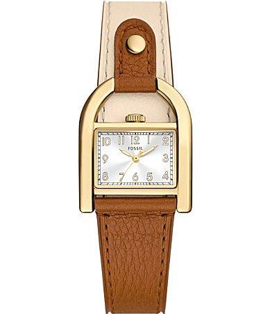 Fossil Womens Harwell Three-Hand Medium Brown and White Colorblock Leather Strap Watch Product Image