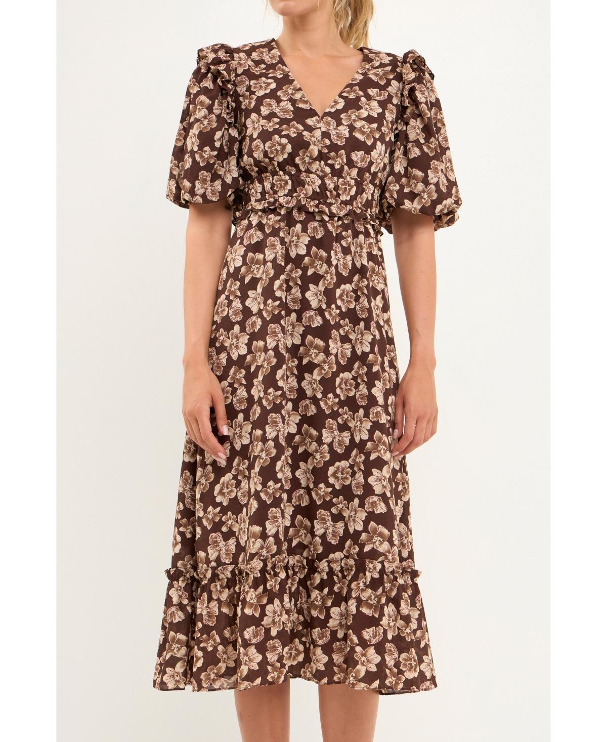 Womens Crinked Floral Puff Sleeve Maxi Dress Product Image