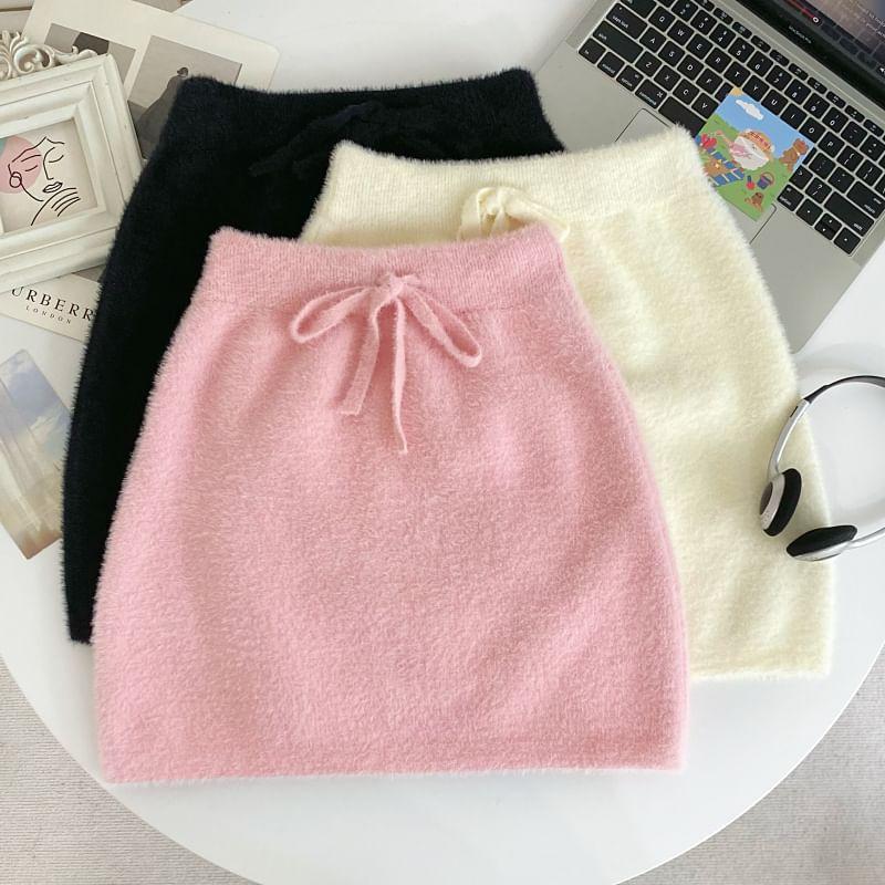 Drawstring Waist Plain Knit Mini Pencil Skirt Product Image