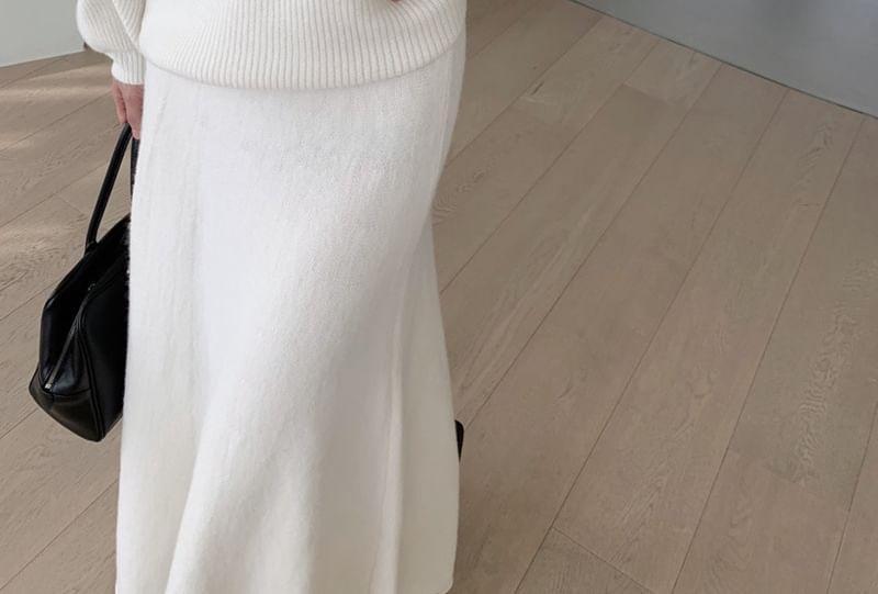 Set: Round Neck Plain Oversized Sweater + Mid Waist Plain Midi A-Line Skirt Product Image