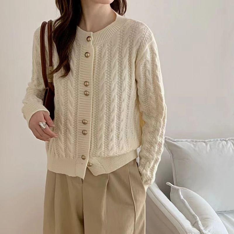 Crew Neck Plain Cable Knit Button-Up Cardigan Product Image