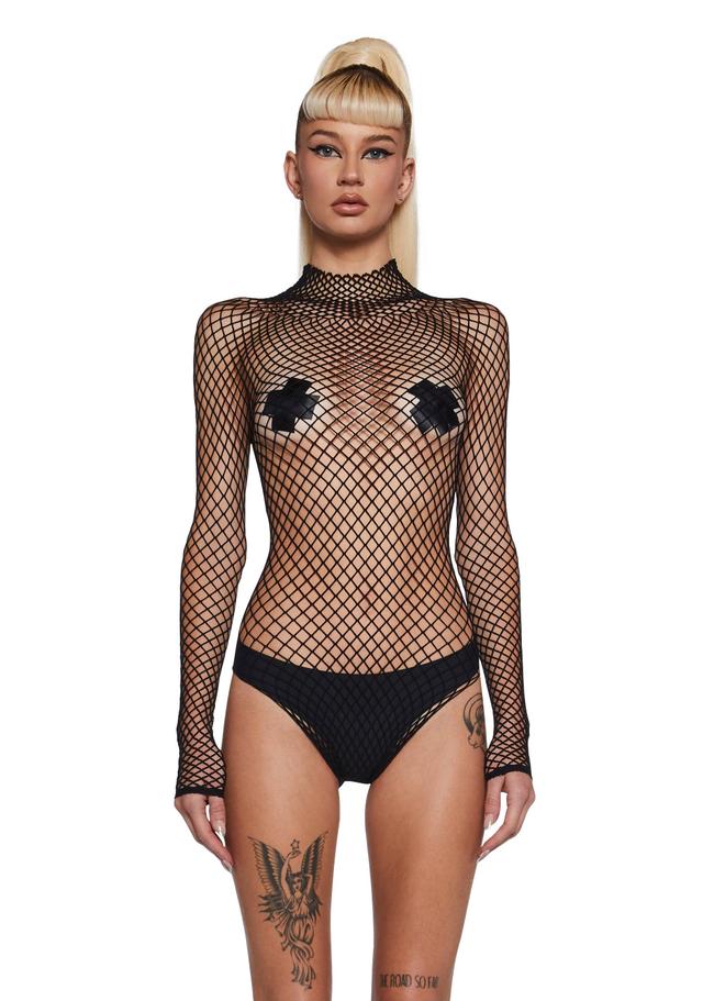 Stretchy Sheer Fishnet Mesh High Neck Long Sleeve Bodysuit - Black Product Image