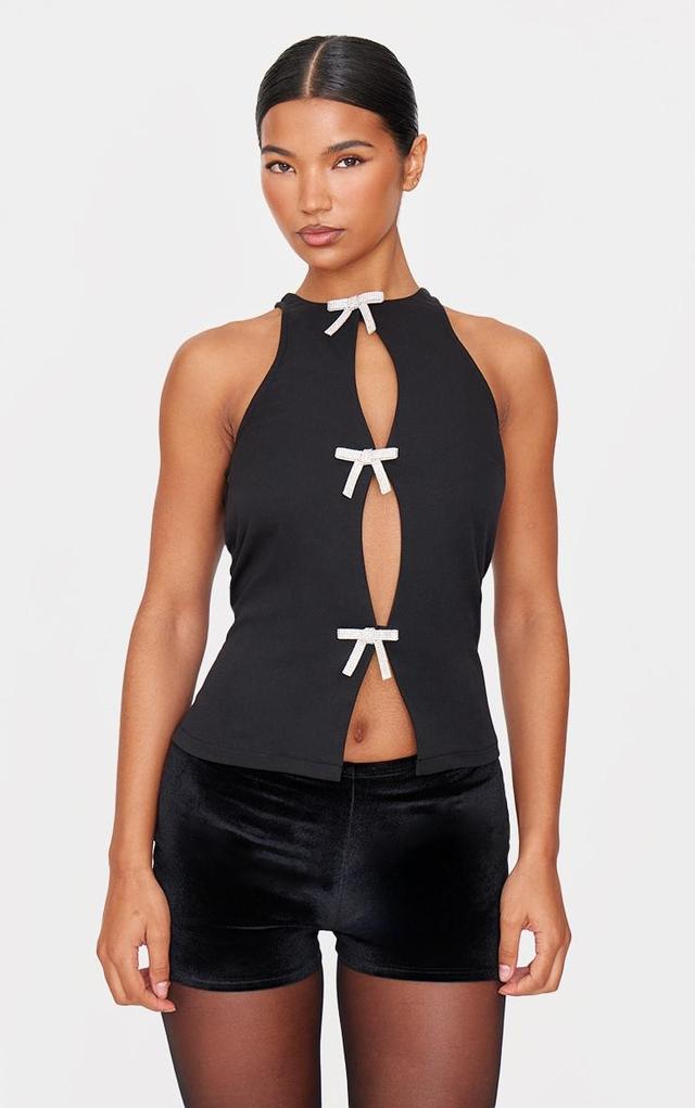 Black Woven Diamante Bow Split Long Top Product Image