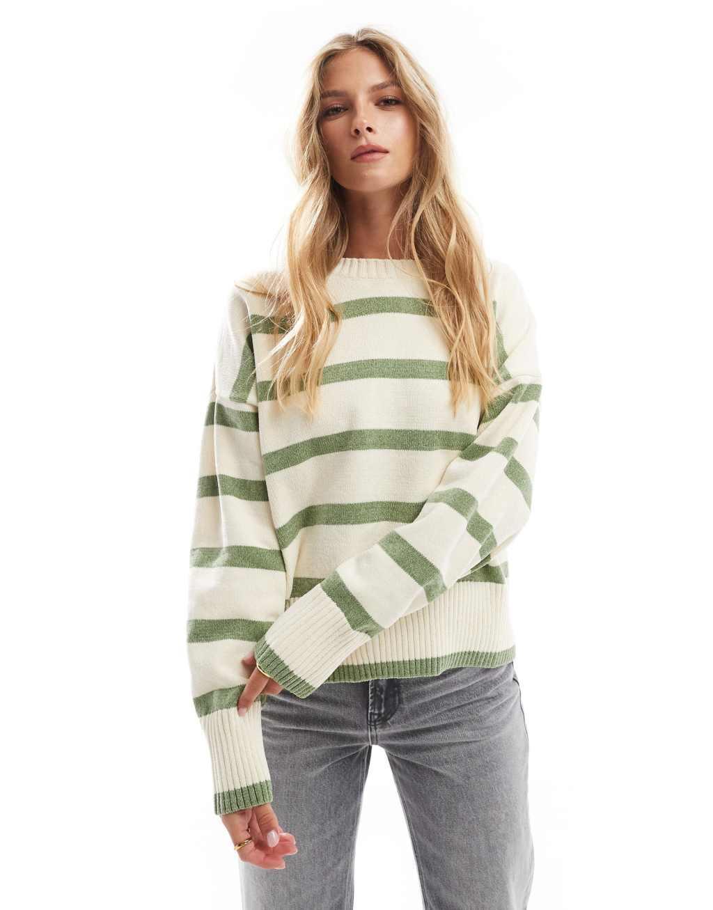 Pull&Bear chenille knitted sweater in white and khaki stripe Product Image