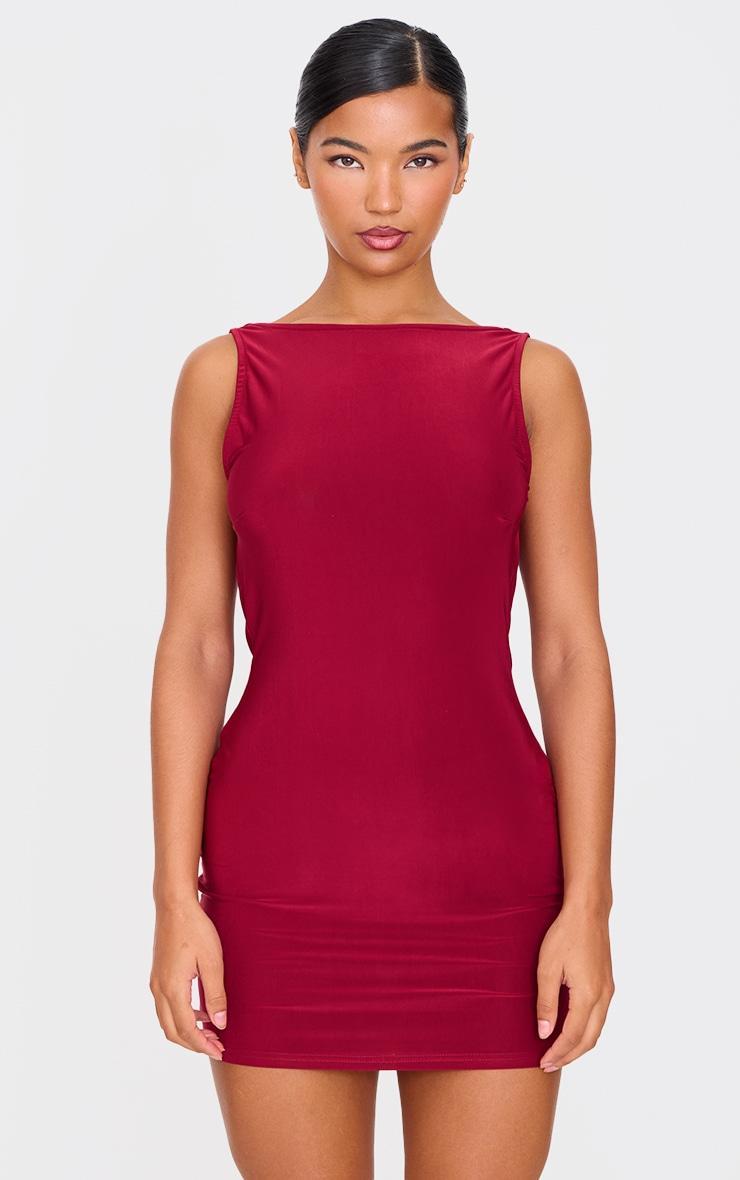 Burgundy Racer Neck Cowl Back Mini Dress Product Image