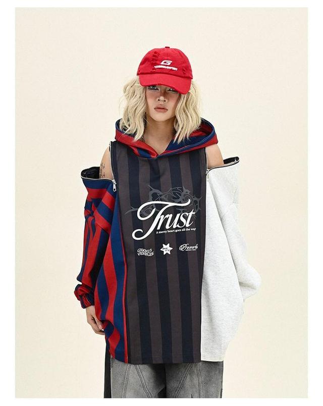 Zip Cold Shoulder Lettering Print Striped Panel Hoodie Product Image